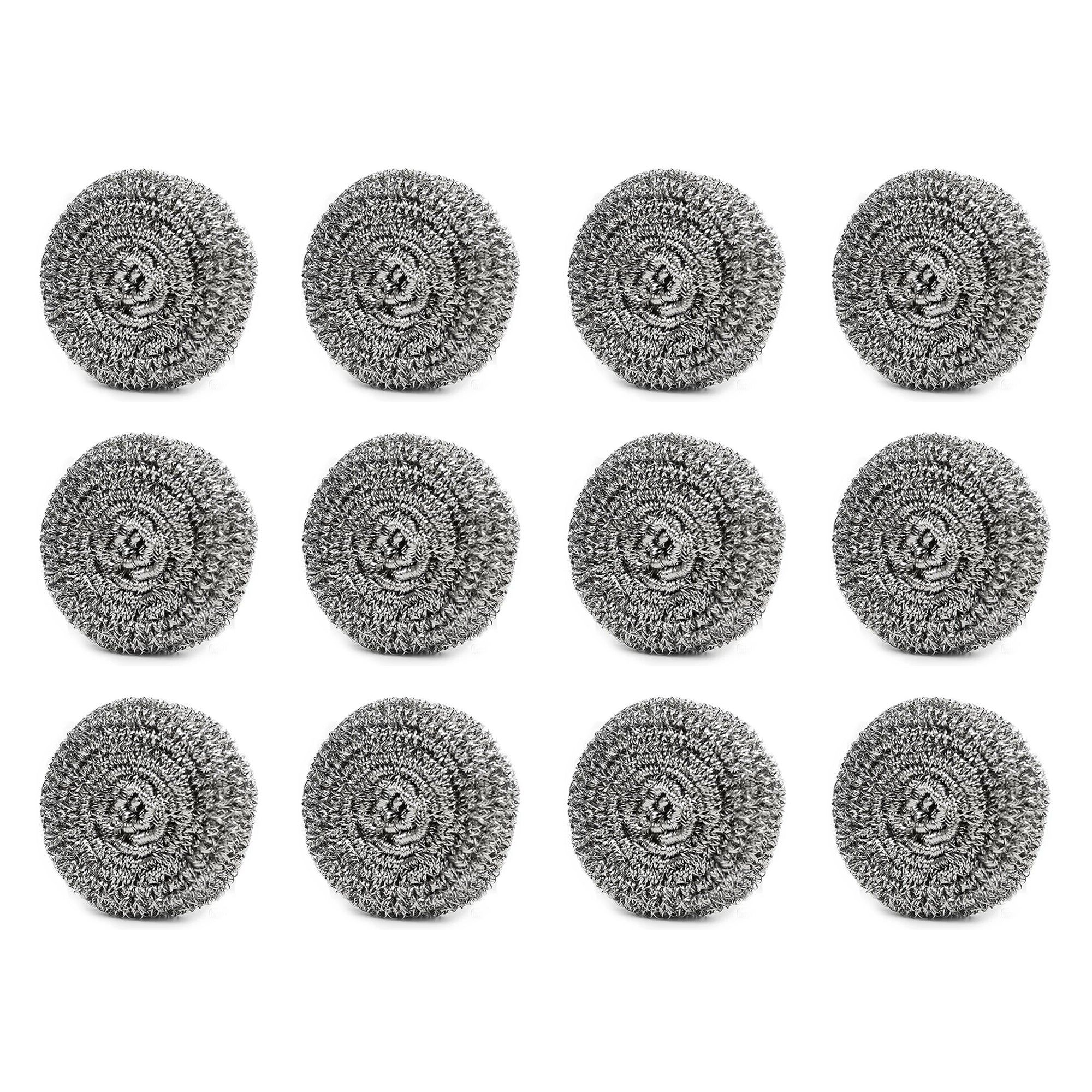 Round shape stainless steel scrubber, pack of 12, effective for cleaning. Round shape stainless steel scrubber, pack of 12, effective for cleaning.